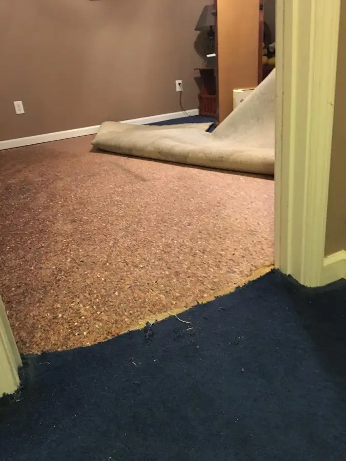 Carpet pad removal revealing water damage during Drying & Dehumidification in Southbury